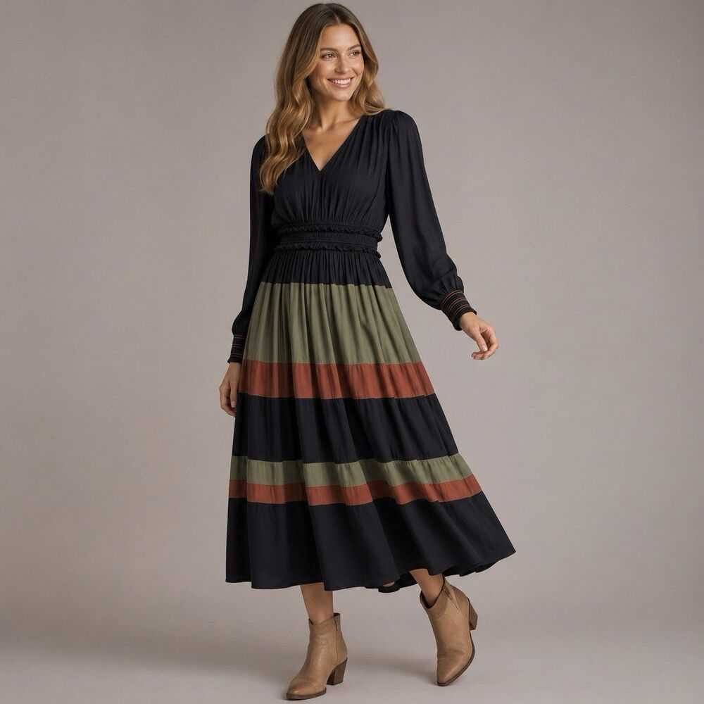 Anthropologie Current Air S Colorblock Midi Dress Navy Olive Rust Long Sleeve